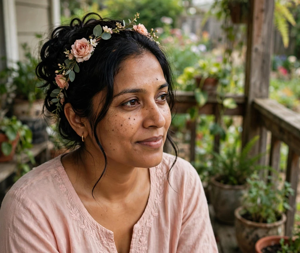 Woman with a headband tuck updo on a garden porch