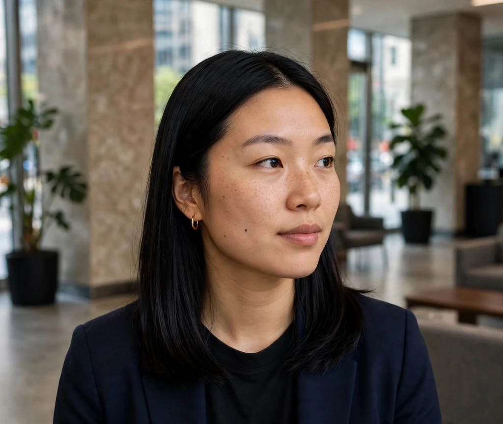 Woman with a sleek middle-part lob in an office lobby
