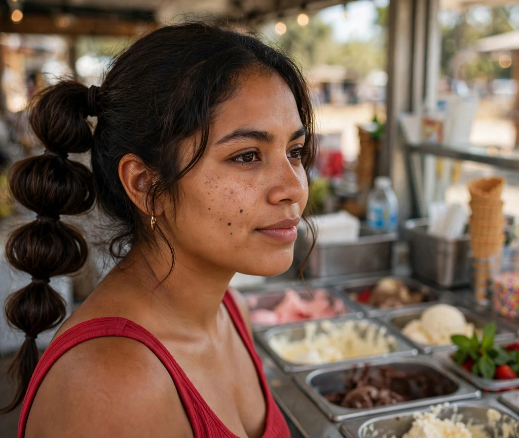Woman with a bubble ponytail at an ice cream stand