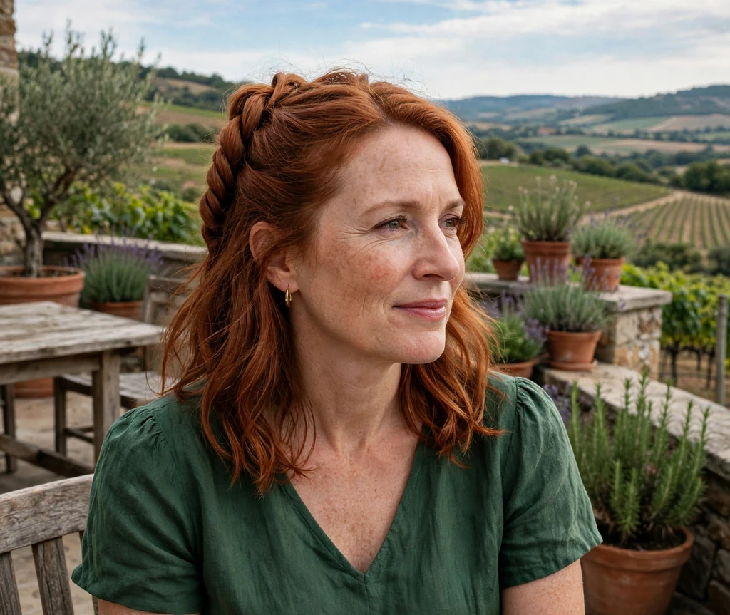 Woman with a rope twist half-up on a vineyard terrace