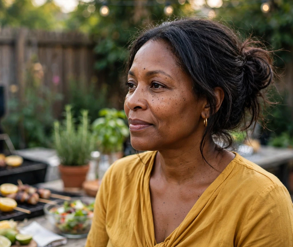 Woman with a messy side bun at a backyard barbecue