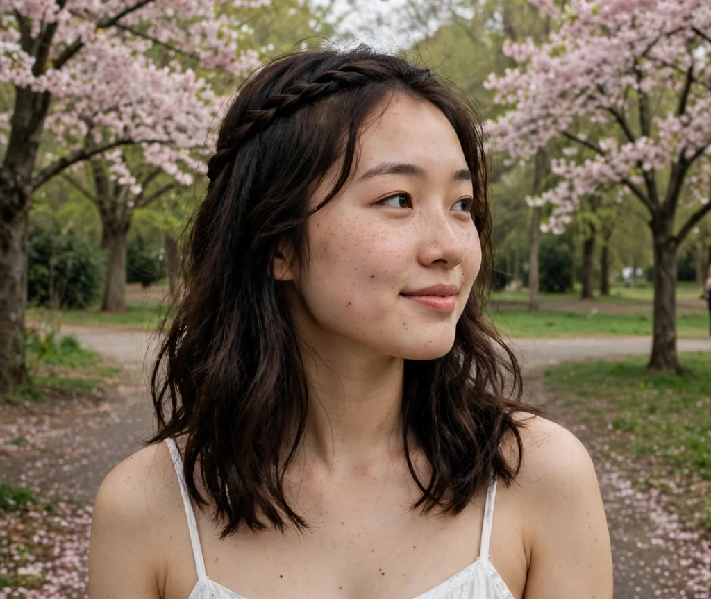 Woman with a braided headband on a park path