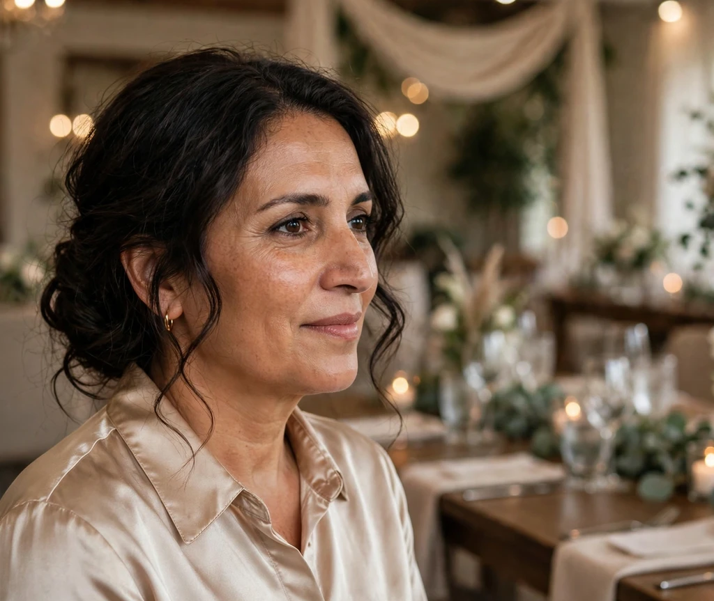 Woman with a relaxed low chignon at a wedding reception