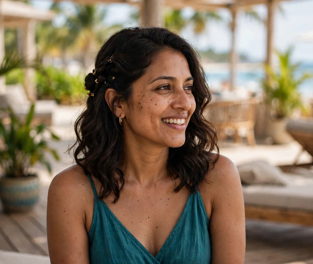 Woman with pinned-back beach waves on a resort deck