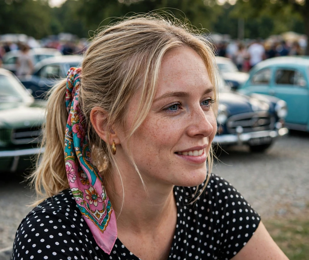 Woman with a scarf-wrapped ponytail at a vintage car meetup