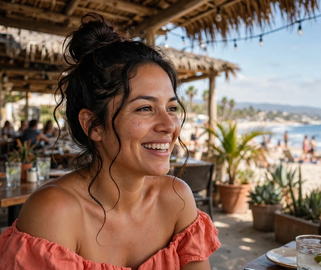 Woman with a top knot and face tendrils at a beachside restaurant
