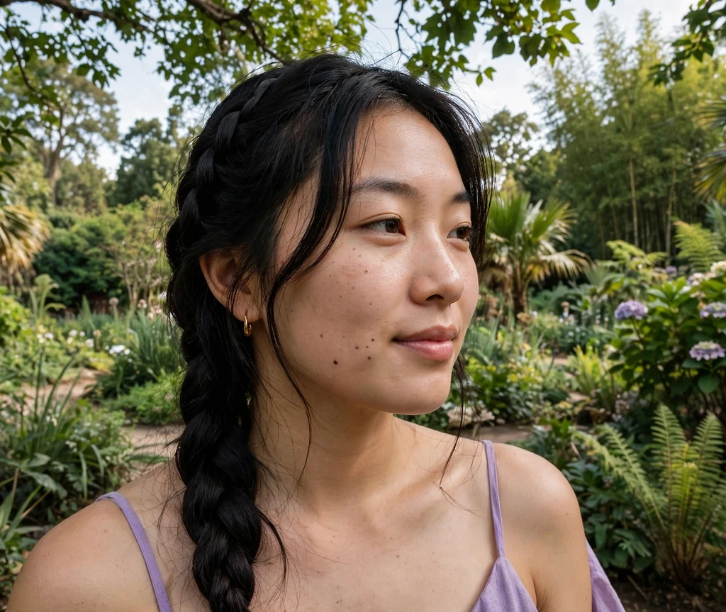Woman with a waterfall braid in a botanical garden