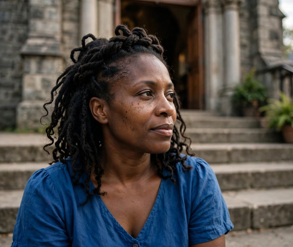 Woman with a twisted half-up crown on church steps