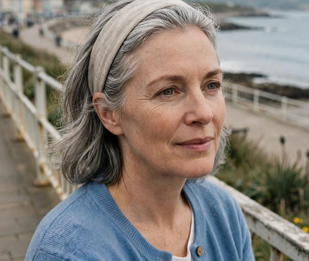 Woman with a swept-back lob and headband on a seaside promenade