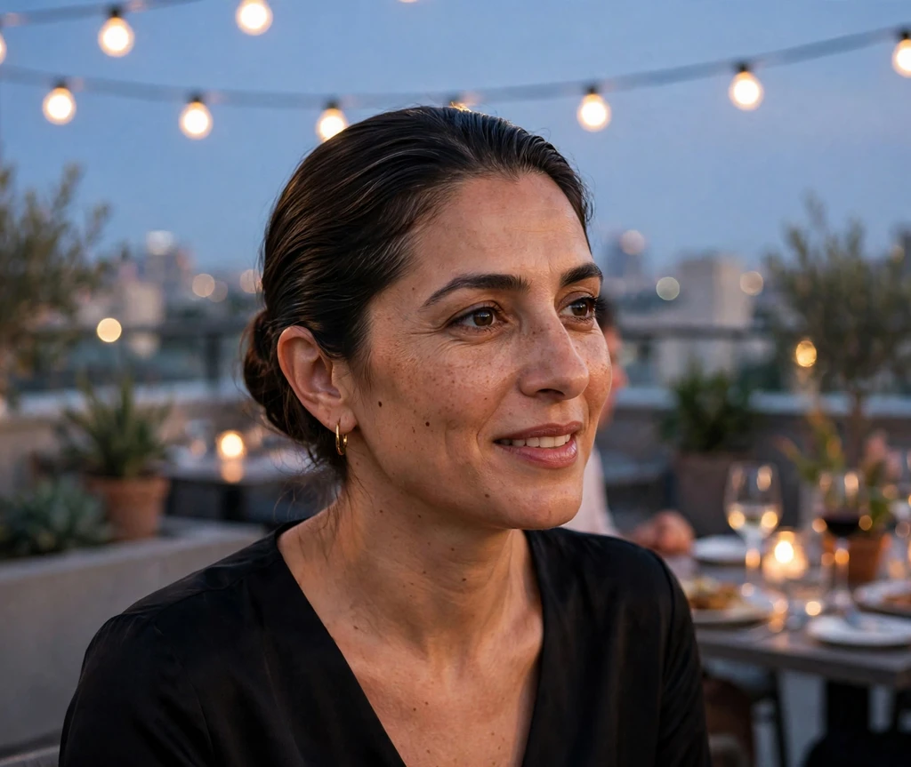 Woman with a slicked low bun at a rooftop dinner party