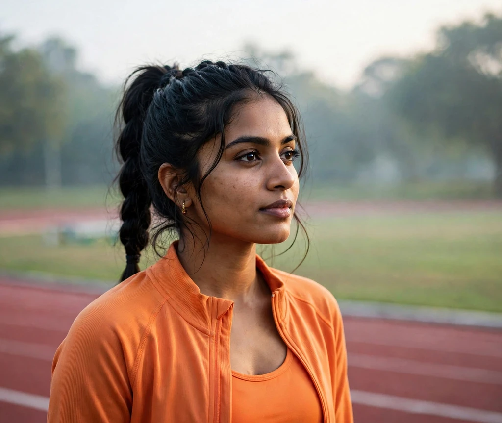 Woman with a braided high ponytail on a running track
