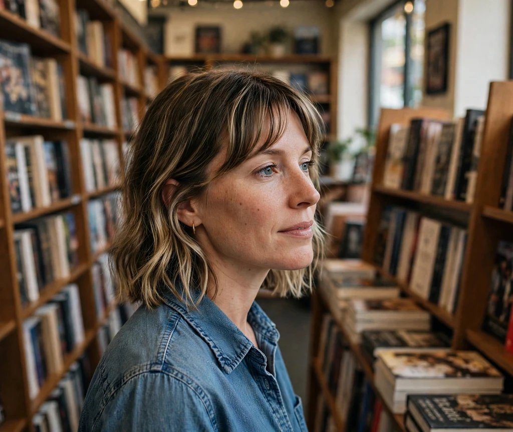 Woman with a curtain bang lob in a bookstore