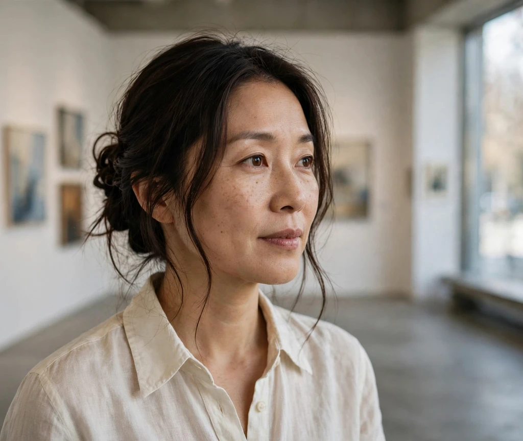 Woman with a loose French twist at an art gallery