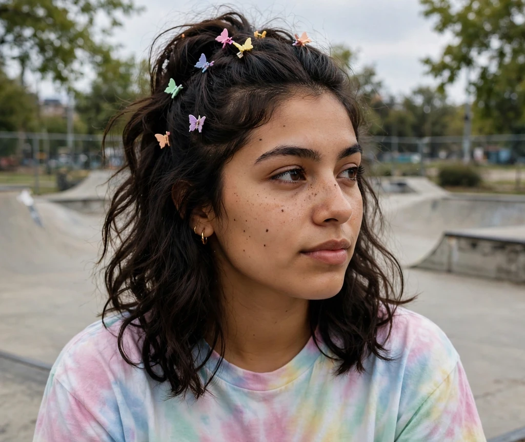 Woman with a butterfly clip half-up at a skate park
