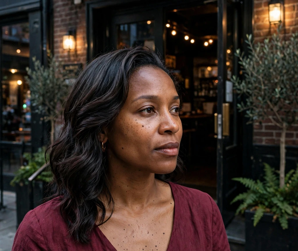 Woman with side-swept lob waves at a jazz club entrance