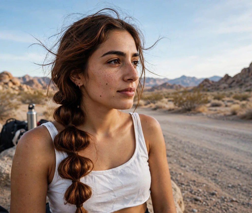 Woman with a bubble braid at a desert road trip stop