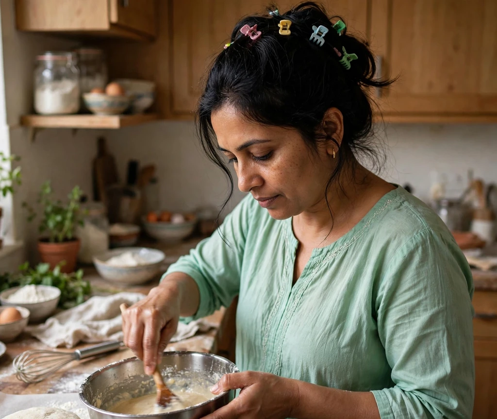 Woman with a mini claw clip updo in a kitchen