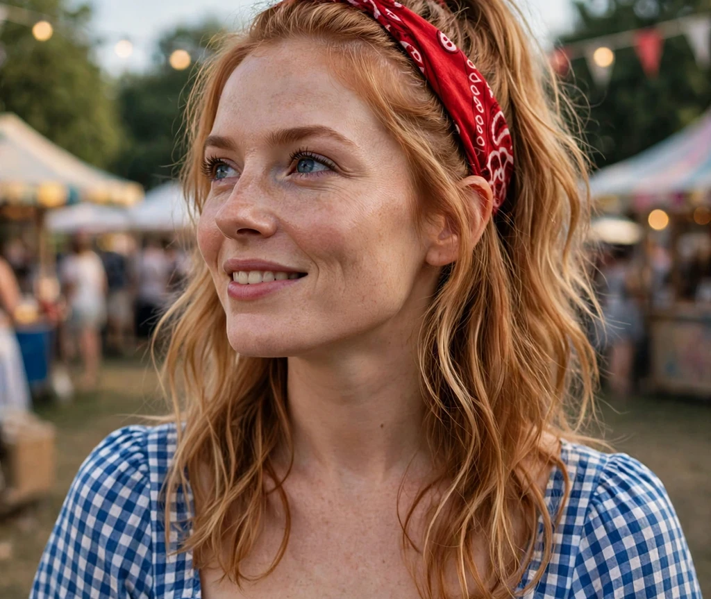 Woman with a bandana bow hairstyle at a summer fair
