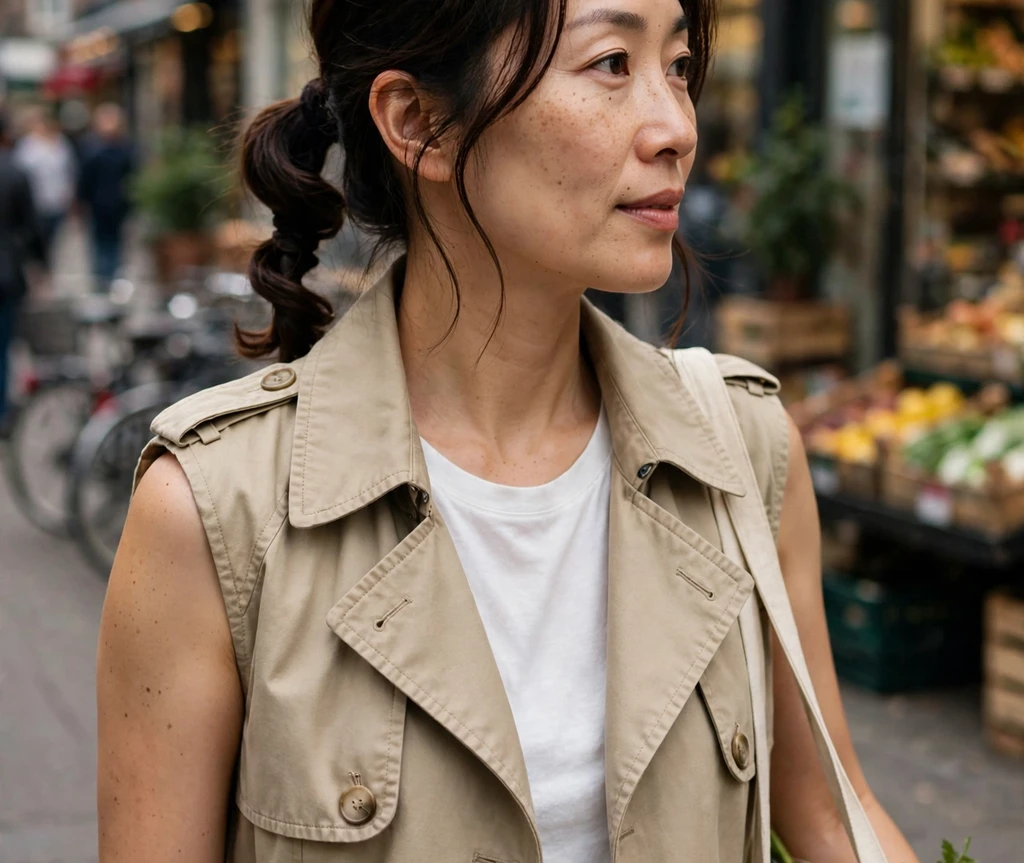 Woman with a twisted low ponytail on a city street