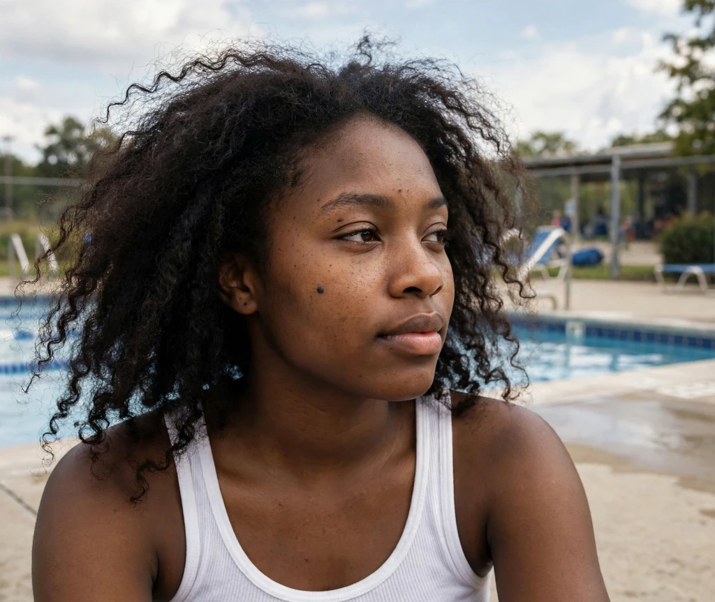 Woman with an air-dried natural lob at a community pool