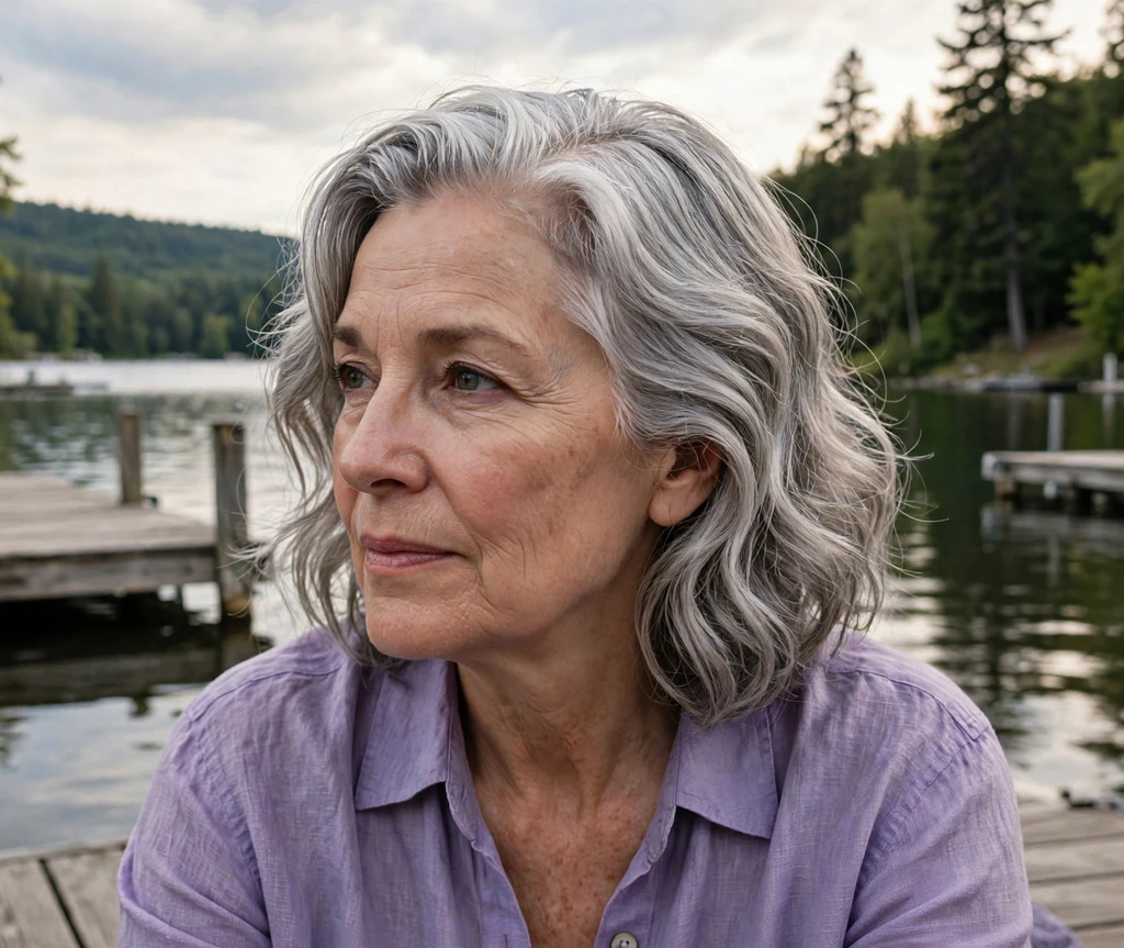 Woman with deep side-part waves on a lakeside dock