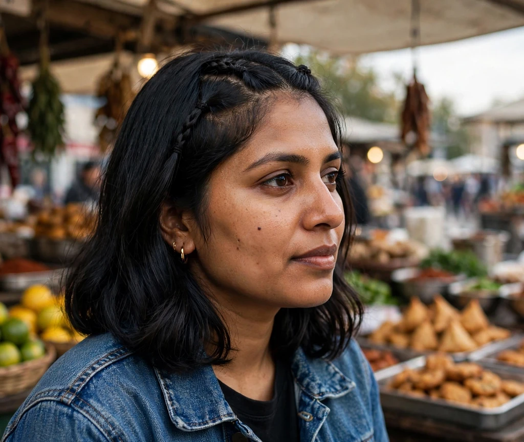 Woman with mini accent braids in a lob at a street food market