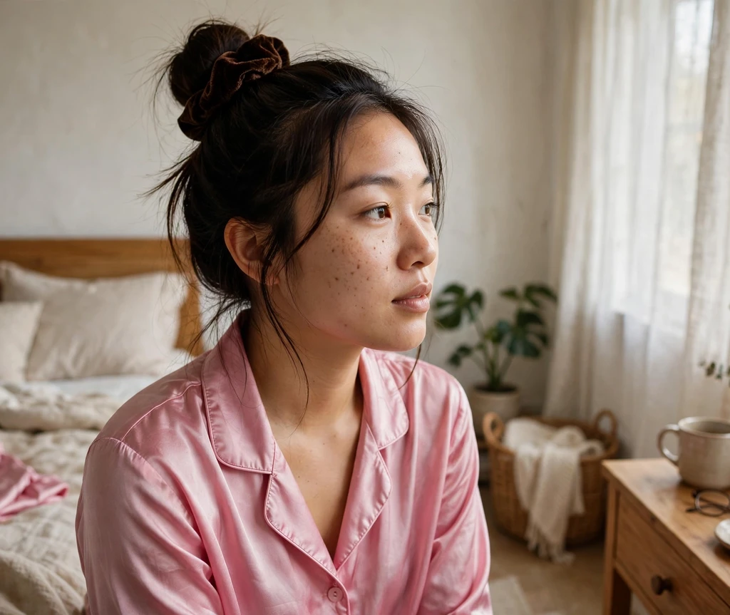 Woman with a scrunchie high bun in a bedroom