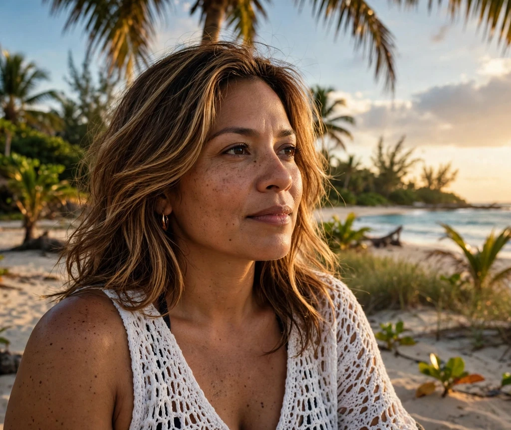 Woman with a sun-kissed layered lob on a tropical beach