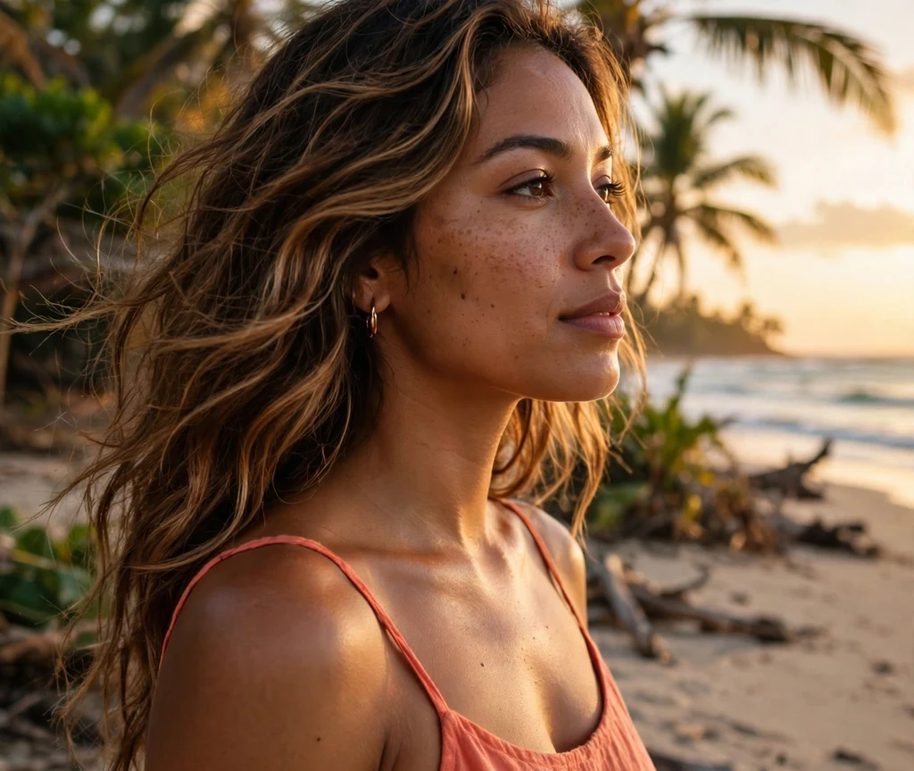 Woman with caramel balayage highlights on brown hair at the beach