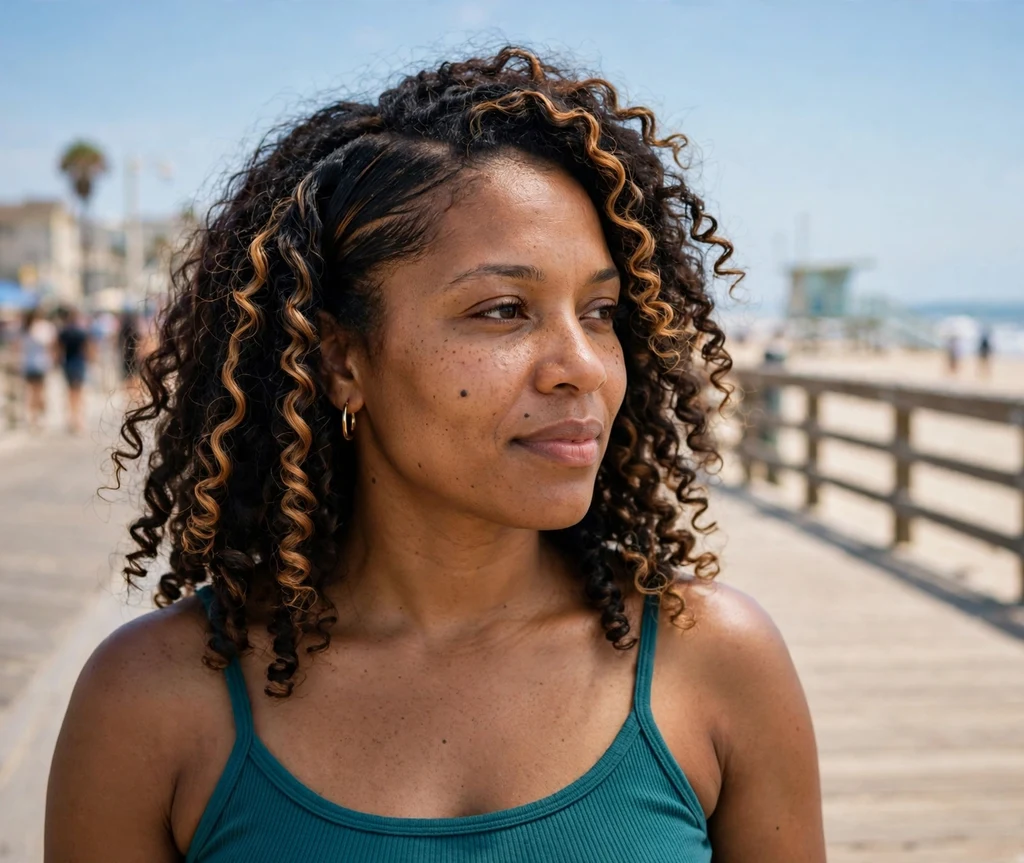 Woman with classic caramel highlights in dark brown curly hair on a boardwalk