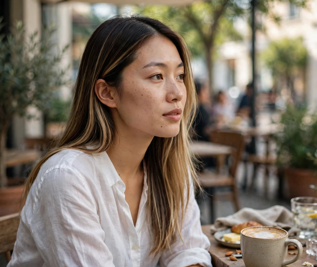 Woman with honey blonde babylights in sleek dark brown hair at a cafe