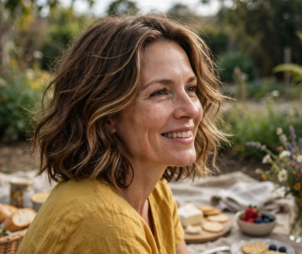 Woman with sun-kissed face-framing highlights on a wavy brown lob in a garden