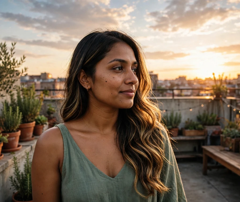 Woman with golden balayage highlights in long dark brown hair on a rooftop terrace