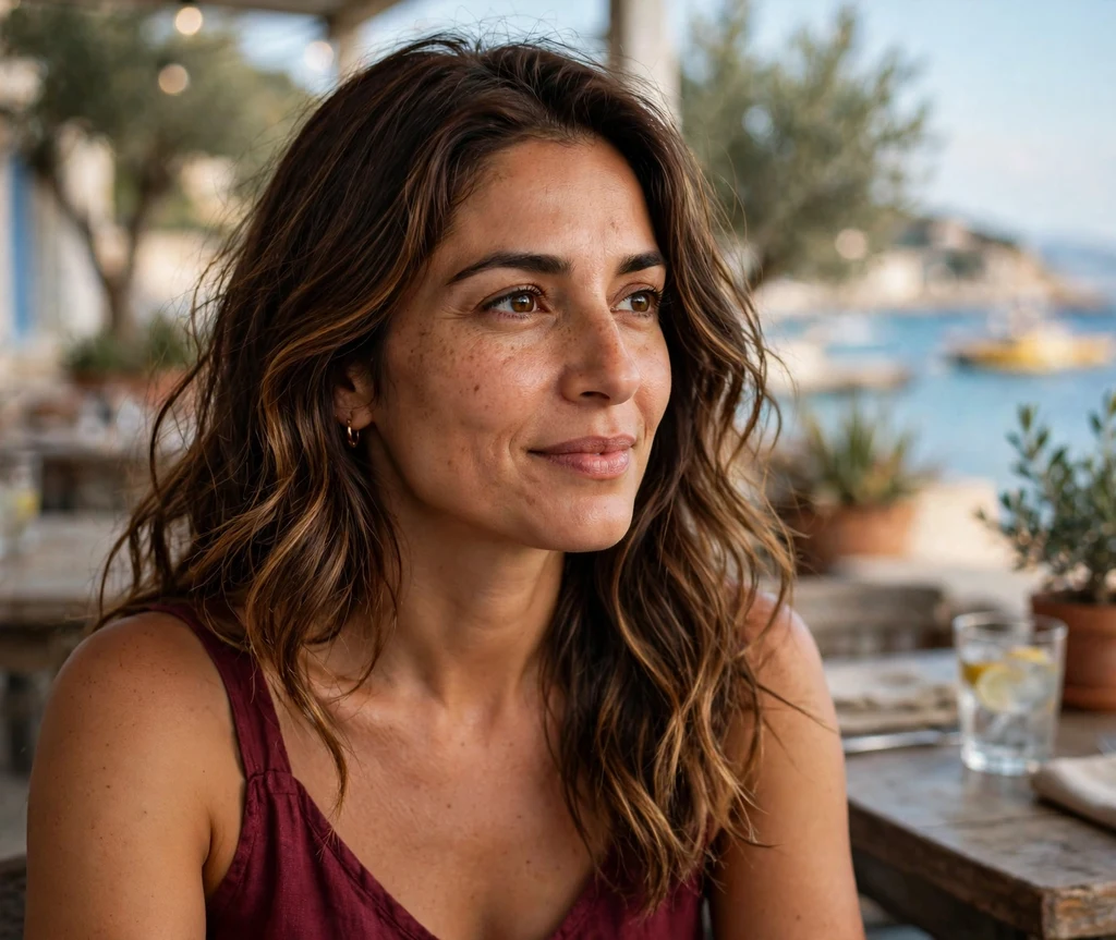 Woman with warm toffee balayage in chocolate brown mermaid waves at a seaside terrace