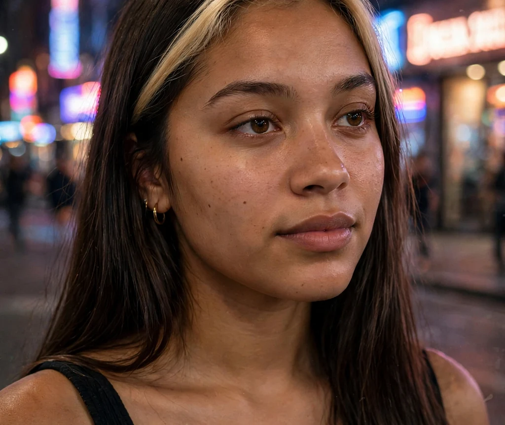 Woman with a chunky blonde money piece on dark brown hair in the city