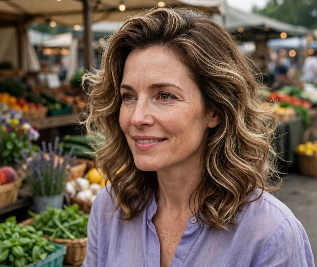 Woman with bronde blended highlights in a bouncy brown blowout at a farmers market