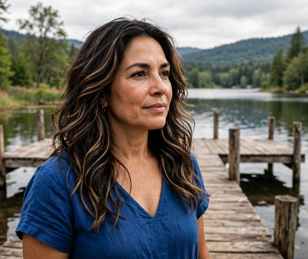 Woman with light brown foilayage ribbons in dark brown wavy hair at a lakeside dock