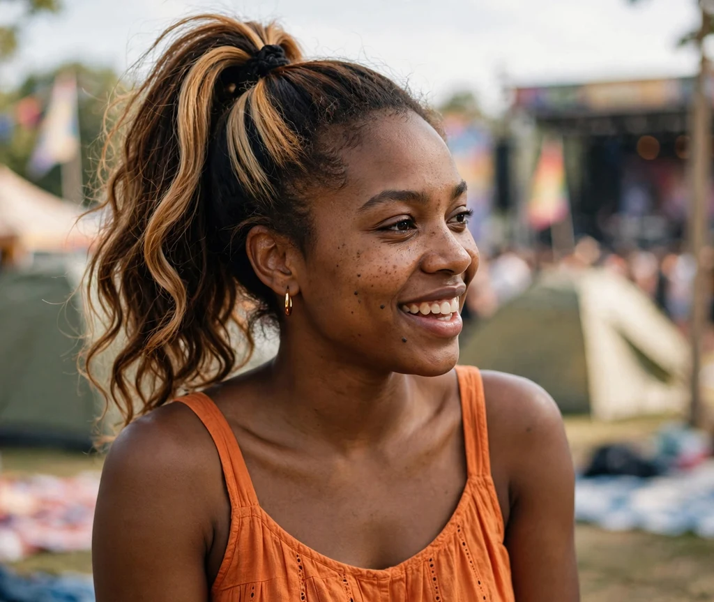 Woman with espresso and caramel two-tone highlights in a high ponytail at a festival