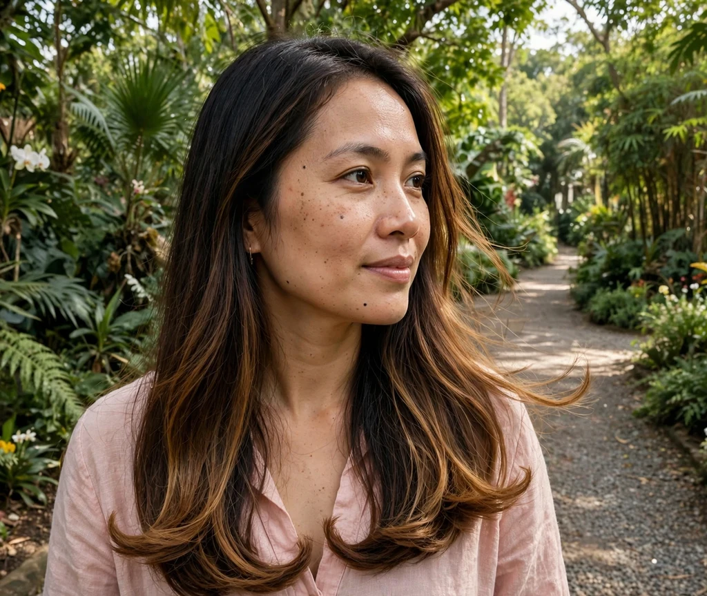 Woman with golden brown ombre highlights melting from dark brown roots in a botanical garden