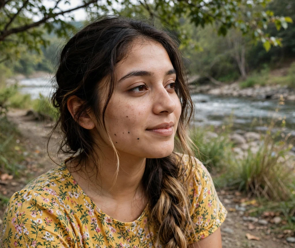 Woman with honey dipped ends on long dark brown hair along a riverside trail