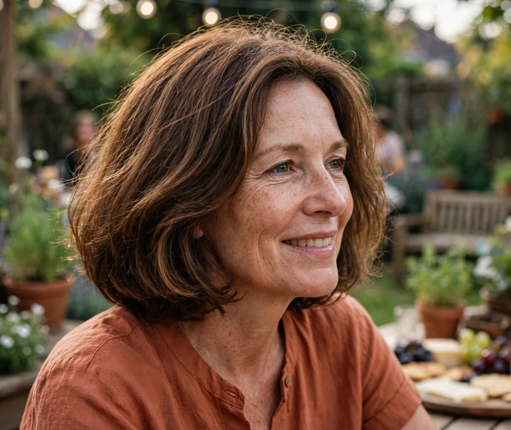 Woman with soft cinnamon highlights in a medium brown bob at a garden party
