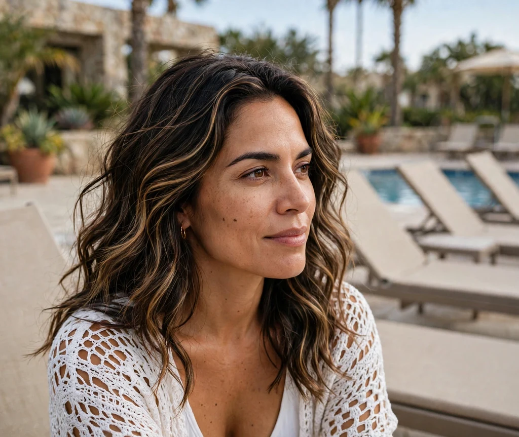Woman with butterscotch ribbon highlights in dark brown beach waves at a poolside