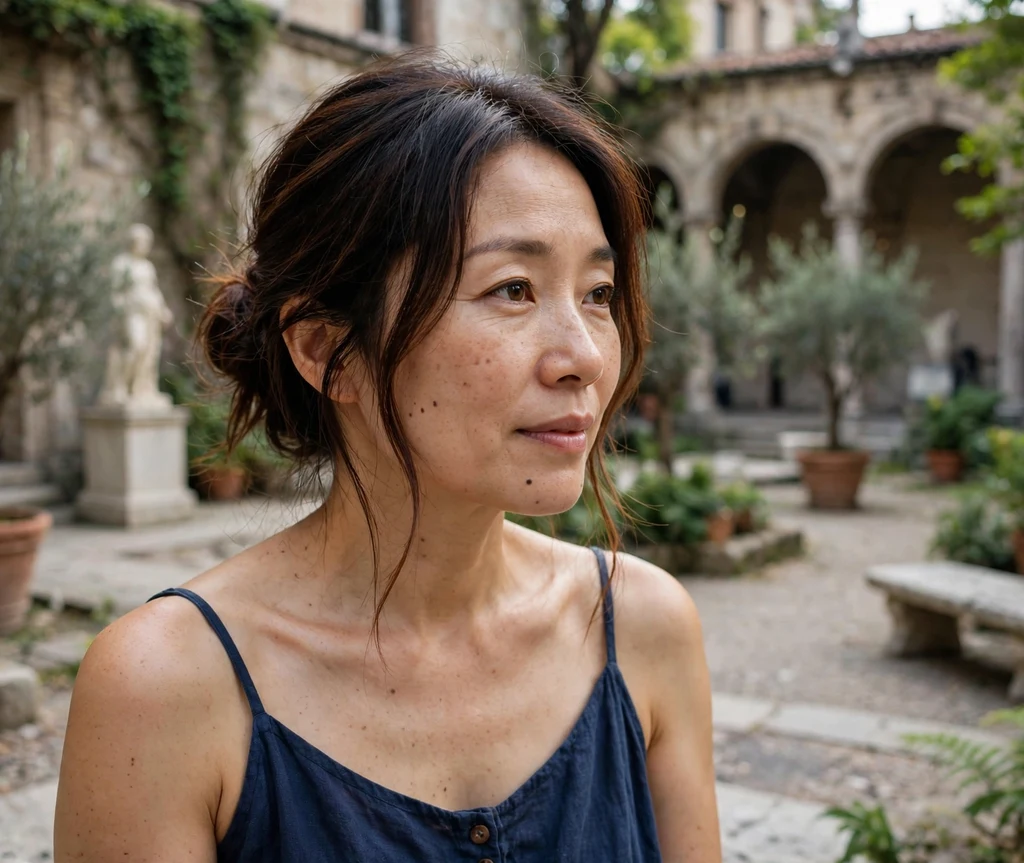Woman with subtle chestnut highlights in a dark brown low bun at a museum courtyard