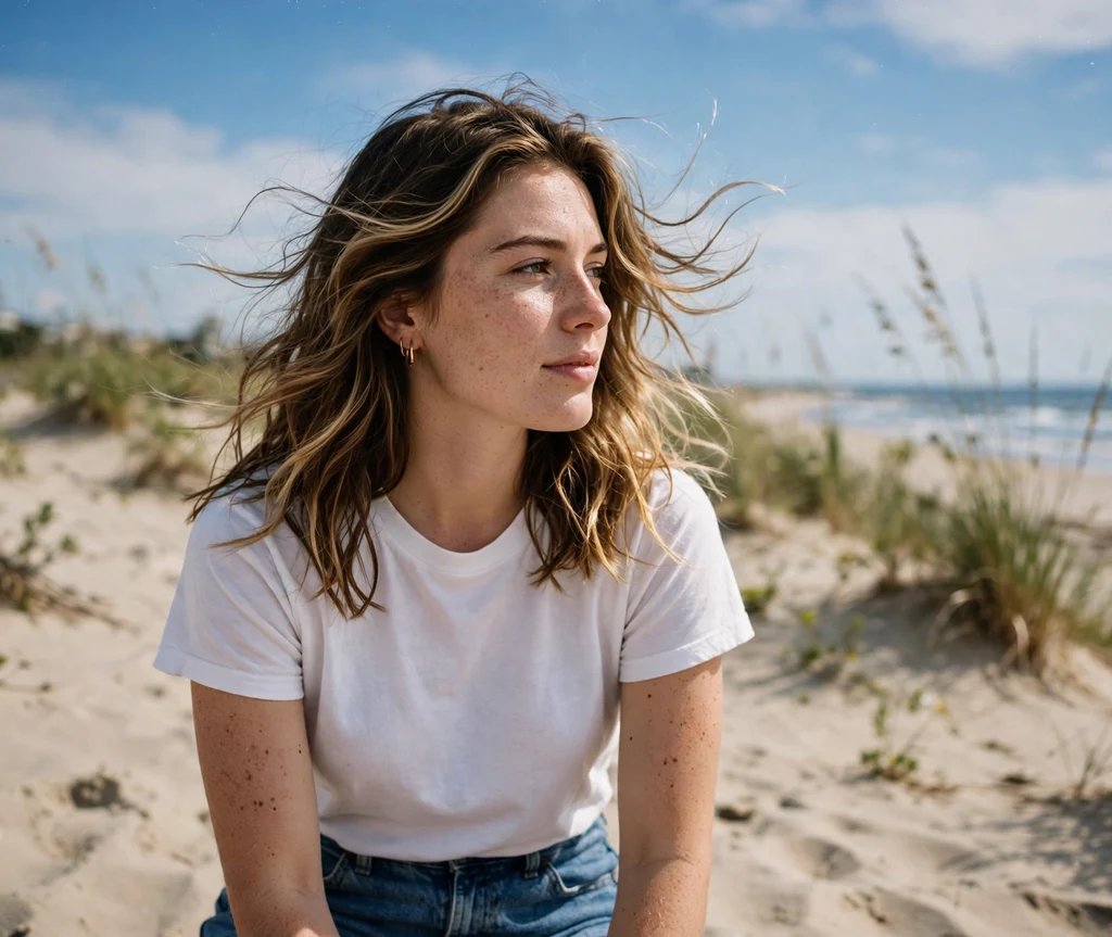 Woman with beachy sun-streaked highlights in windswept medium brown hair on the beach