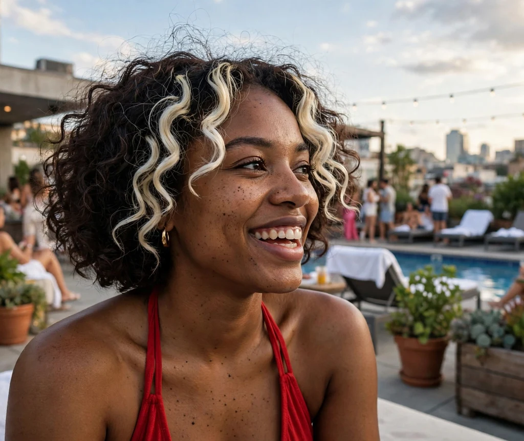 Woman with a bold platinum face frame in dark brown curly hair at a rooftop pool party