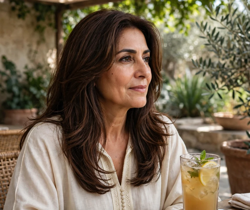 Woman with mocha brown lowlights blended into rich brown hair on a shaded patio