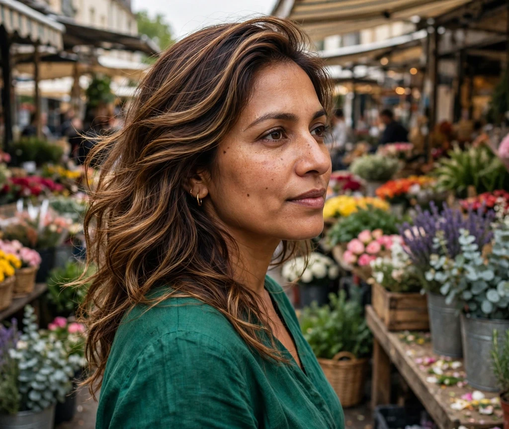 Woman with warm hazelnut highlights in side-swept medium brown waves at a flower market