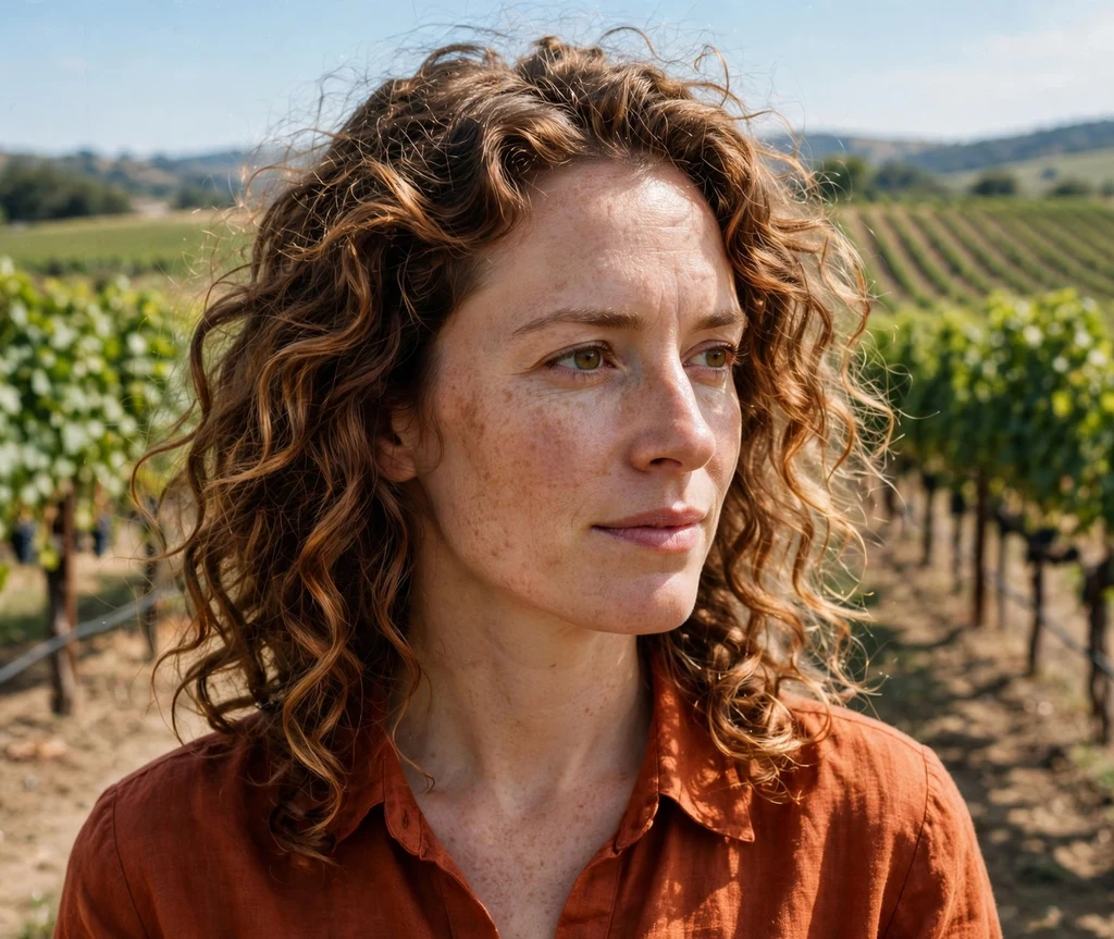 Woman with golden copper highlights in auburn brown curls at a vineyard