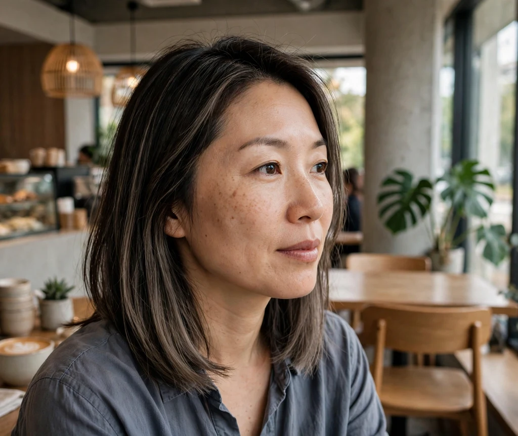 Woman with light ash brown highlights in a straight dark brown cut at a modern cafe