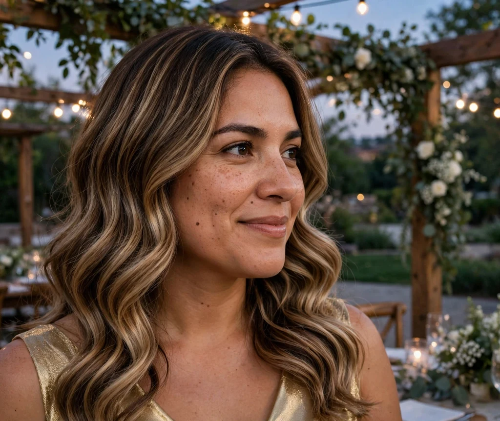 Woman with caramel and vanilla balayage in medium brown Hollywood waves at an outdoor wedding
